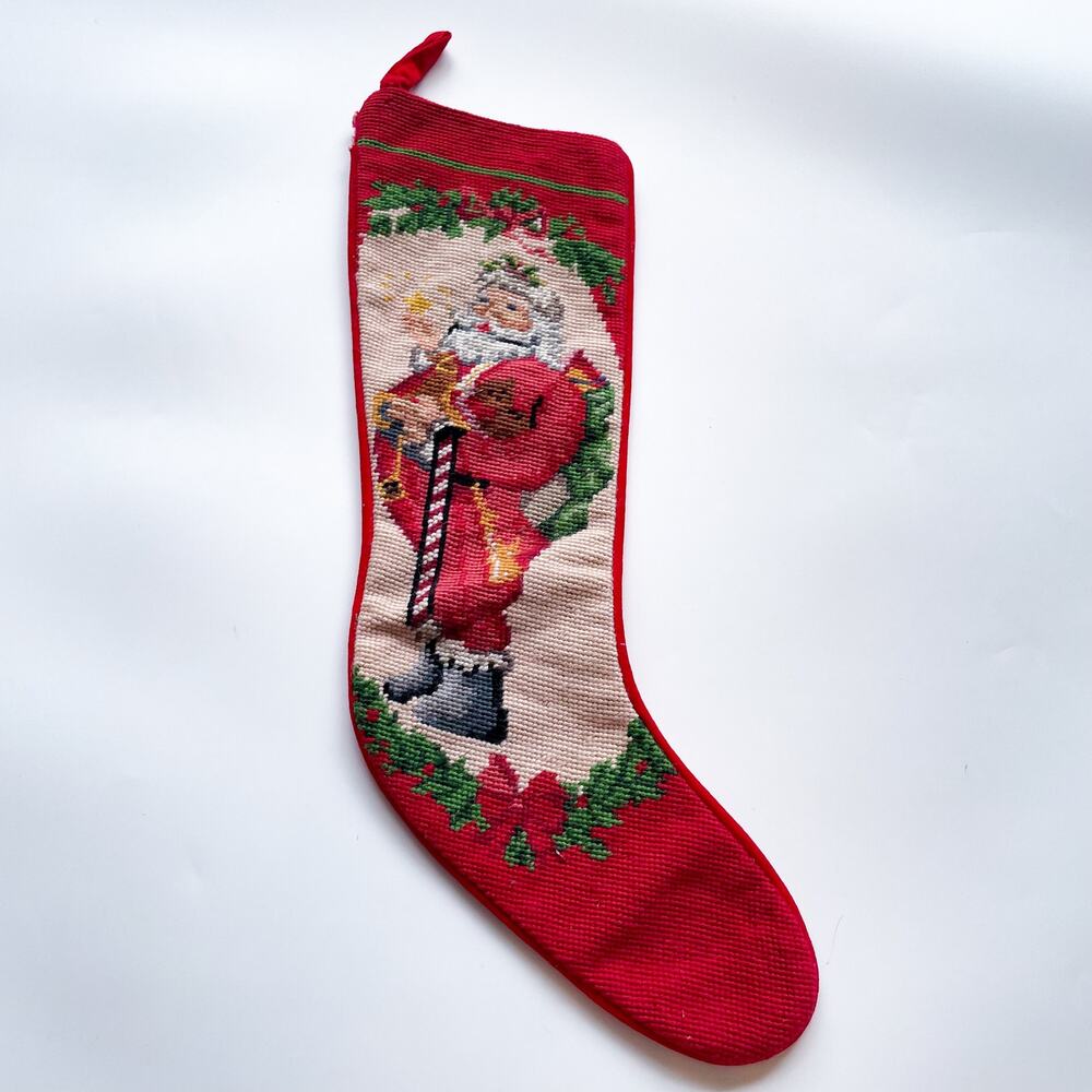 Vintage Imperial Elegance Wool Needlepoint Santa Christmas Stocking Candy Cane